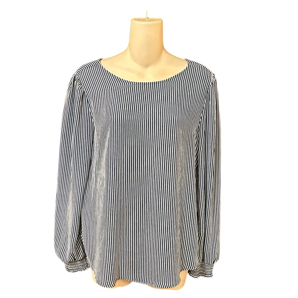 Loft Green & White Striped Blouse With Back V-Neck